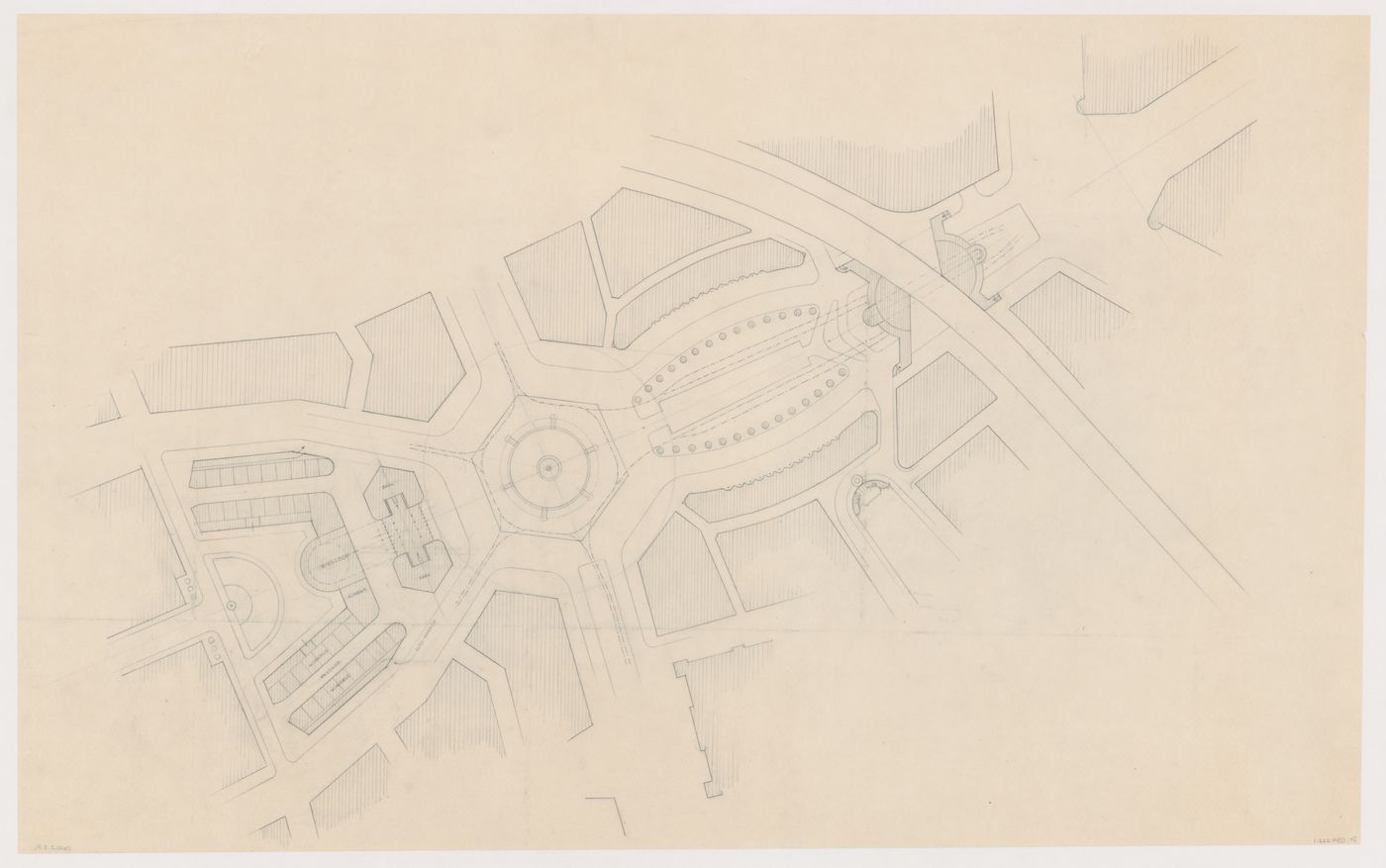 Site plan for the reconstruction of the Hofplein (city centre) showing Industriegebouw Plan A, other mixed-use developments, monument plaza and Café Viaduct, Rotterdam, Netherlands
