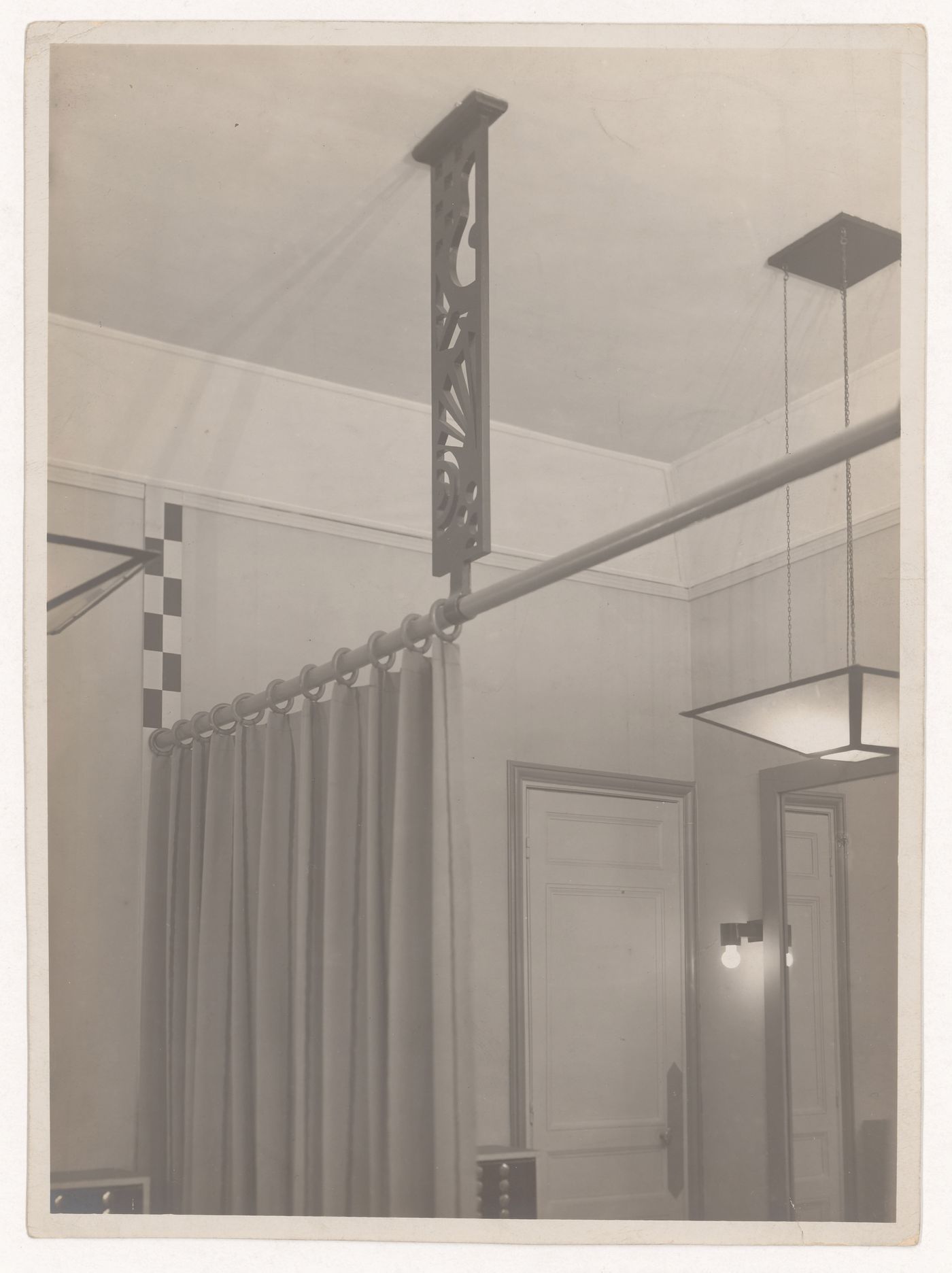 Detail view of the Muelle et Rossignol costume gallery, showing changing area curtains, Paris, France
