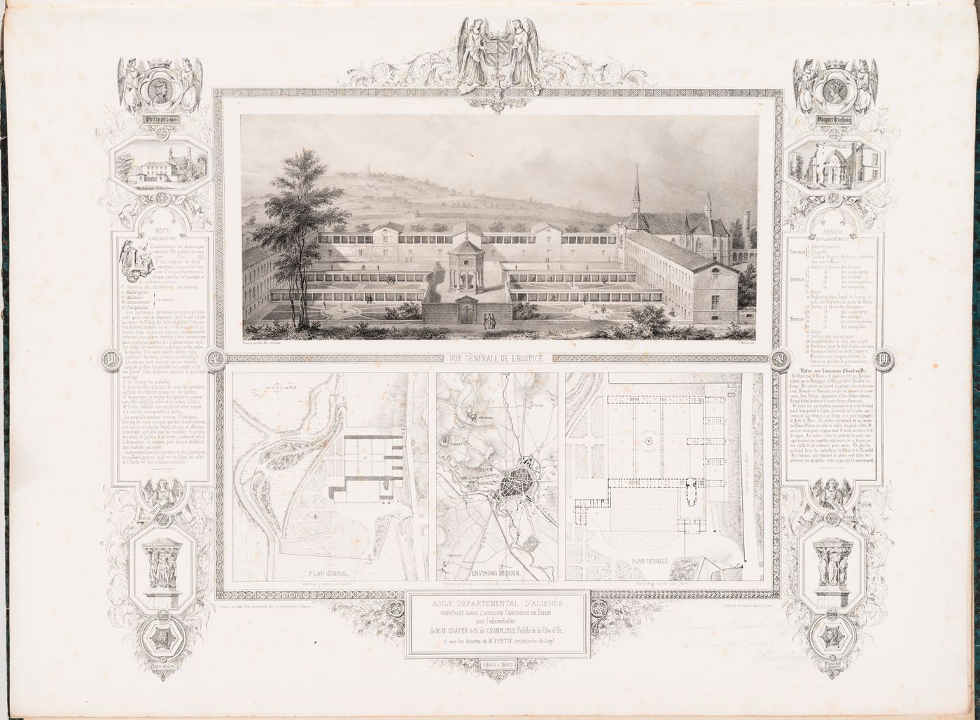 Asile départemental d'aliénés, Dijon: Perspective drawing, site plan, and floor plan with a map of Dijon and its environs