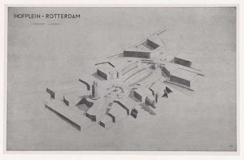 Photograph of a bird's-eye perspective drawing for the reconstruction of the Hofplein (city centre), Rotterdam, Netherlands