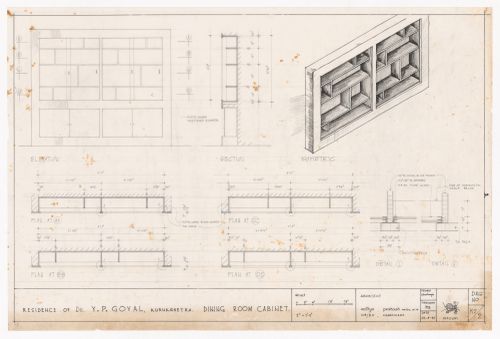 Plan, elevation, section, detail and axonometric view for Dining room cabinet, residence of Dr. YP Goyal, Kurukshetra, India
