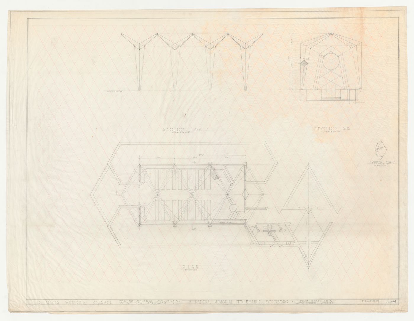 Wayfarers' Chapel, Palos Verdes, California: Plan for chapel and campanile and two sections through the chapel developed on an equilateral parallelogram grid