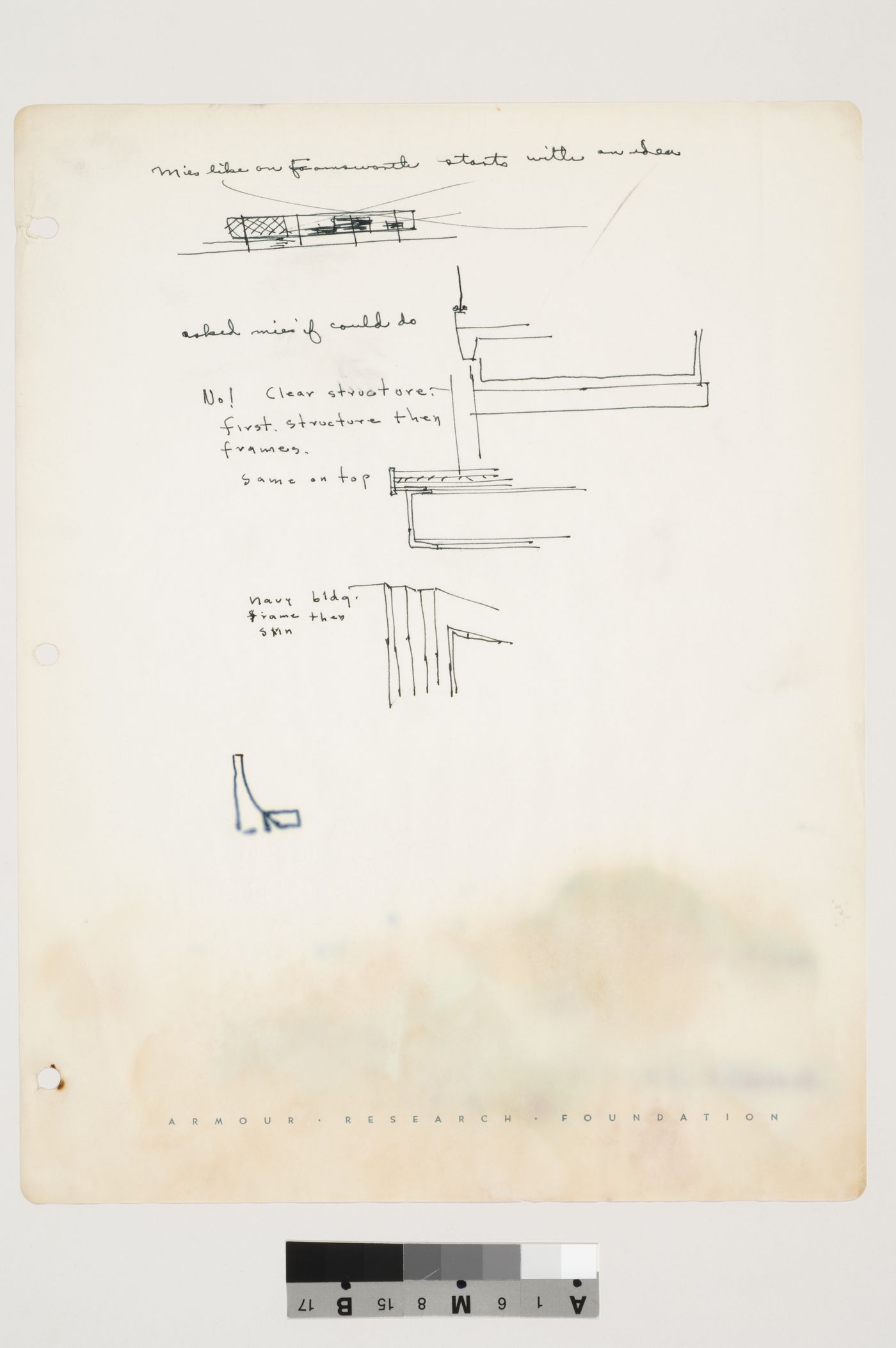 Notes about Mies's ideas on Farnsworth House with a section of Farnsworth House, a section of beams, and a corner detail of IIT Navy Building (now Alumni Memorial Hall)
