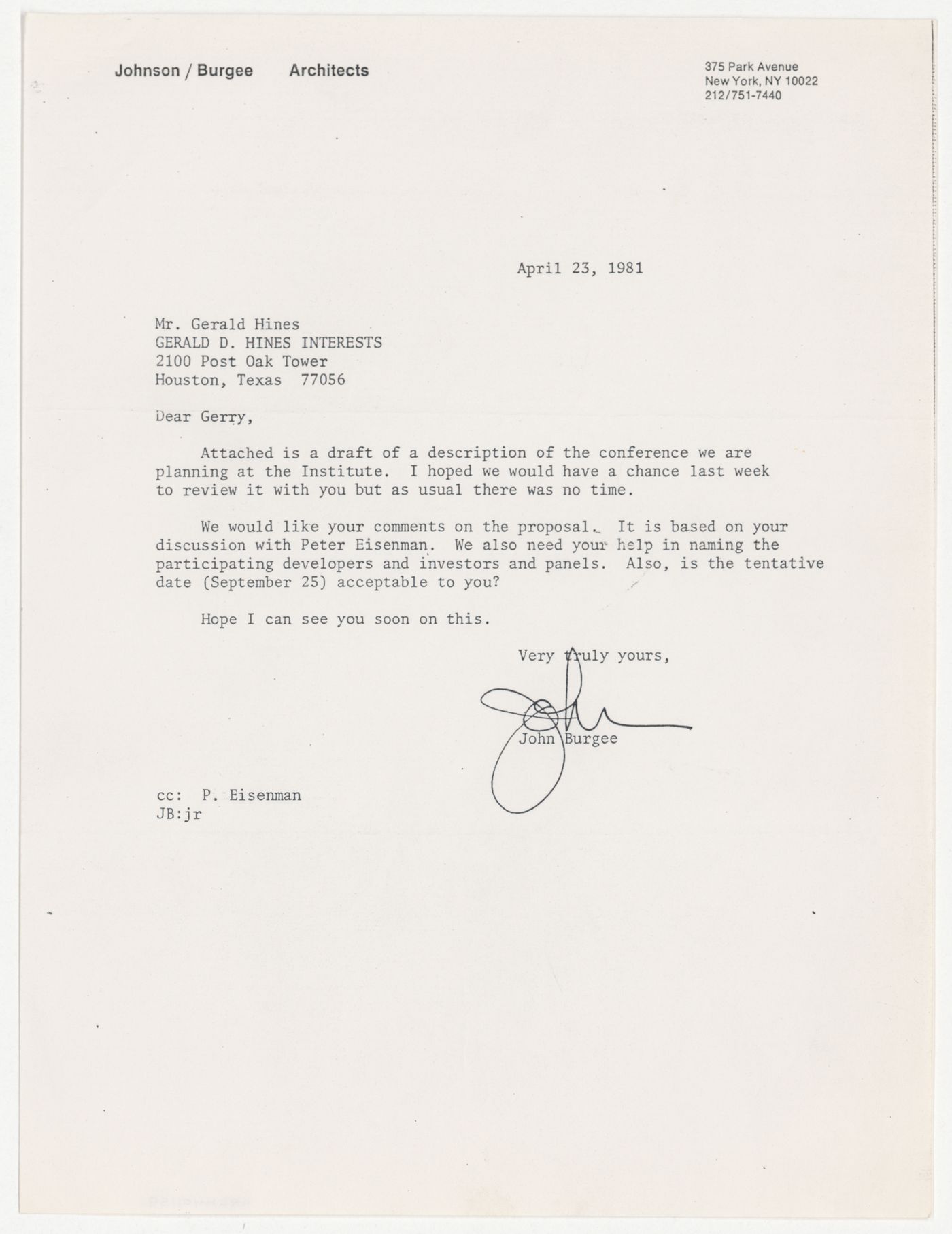 Letter from John Burgee to Gerald Hines about planning a conference at IAUS