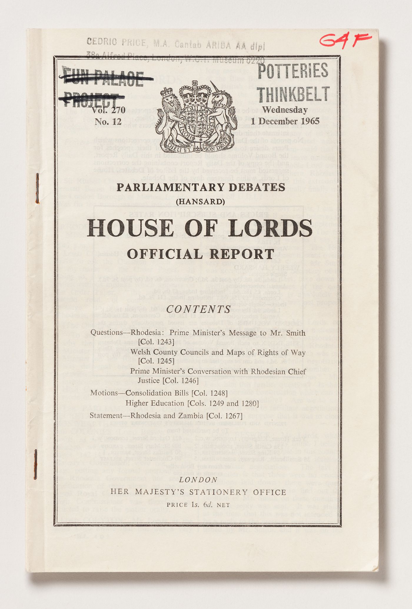 Parliamentary debates (Hansard). House of Lords official report, vol. 270, no. 12 (1 December 1965)