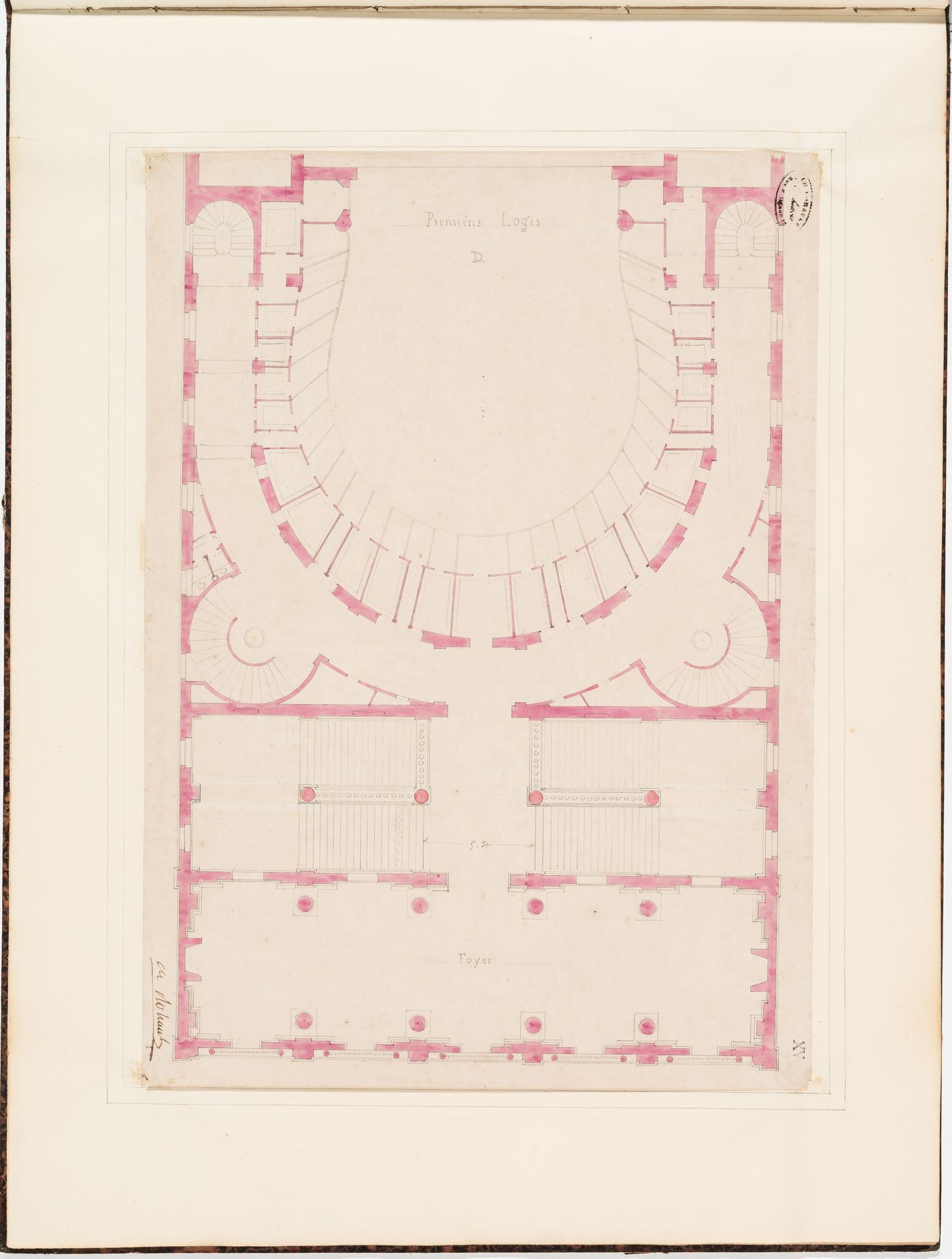 Partial plan for the "premières loges", level D, of the Théâtre Royal Italien