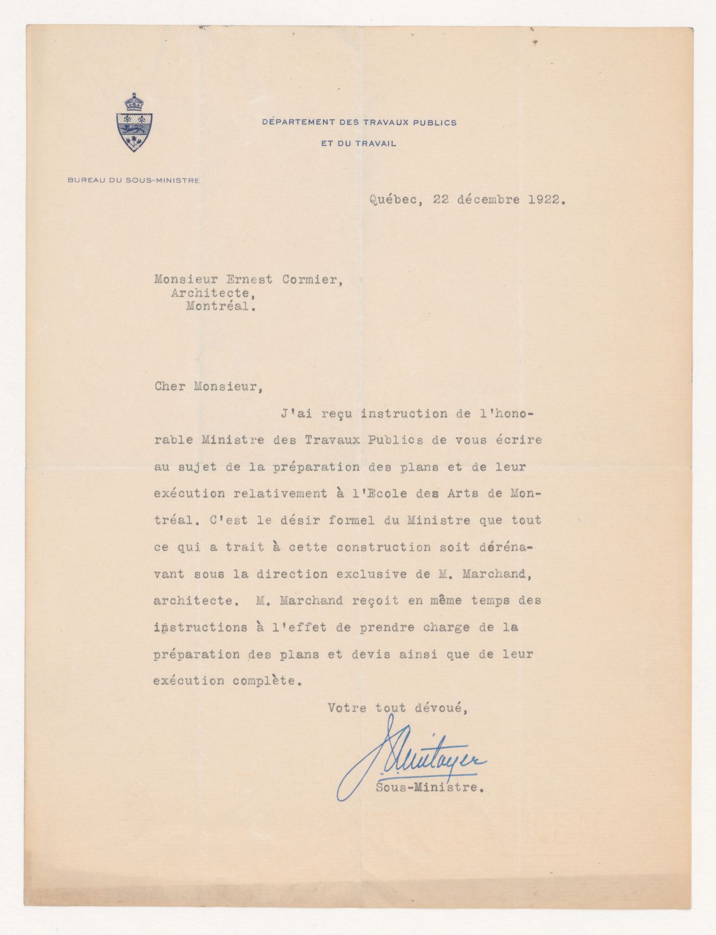 Lettre de J.A. Métayer, sous-ministre des Travaux Publics et du Travail, à Ernest Cormier