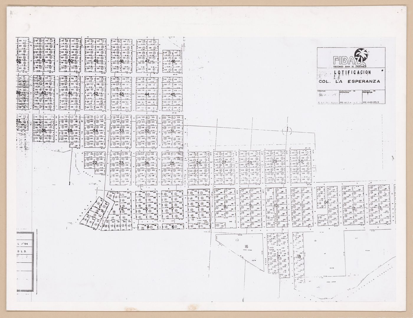 Presentation panel with plots layout plan for the Urban Upgrading project La Esperanza, in Zihuatanejo, Mexico