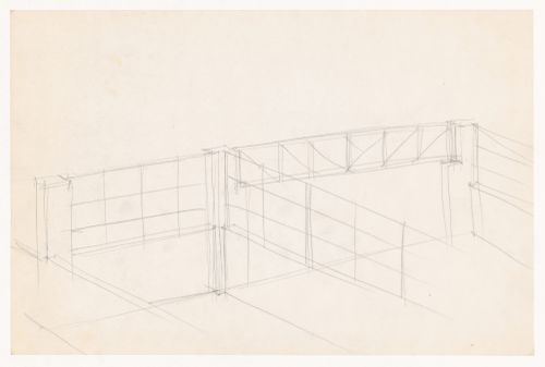 Bird's-eye perspective sketch showing court walls and truss for the Gymnasium