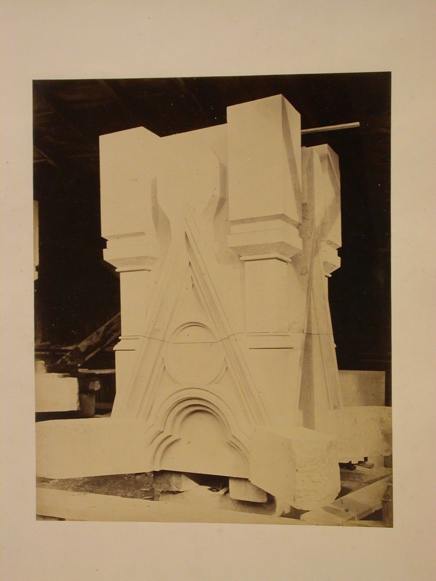 Close-up view of the base of one of the corner spires for the baldachin, Albert Memorial construction site, Hyde Park, London, England