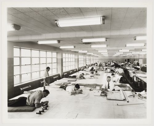 Interior view of the Engineering Room showing draughtsmen, Ford Motor Company Willow Run Bomber Assembly Plant, Willow Run, Michigan, United States