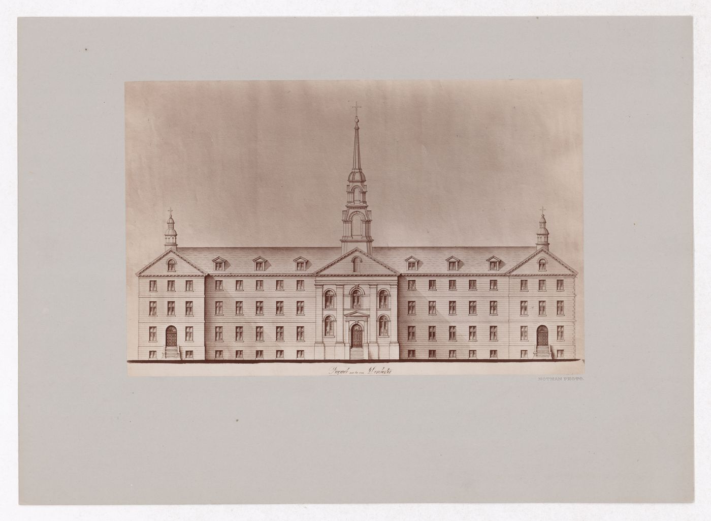 Photograph of a drawing of the Maison-mère des Soeurs Grises showing the east Dorchester Street (now René Lévesque Boulevard) façade, Montréal, Québec