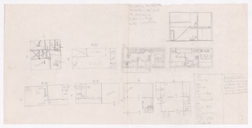 Sketch floor plans and sketch section of house for Minimum Cost Housing Group's plot in Aranya township, India, for Aranya Housing Project