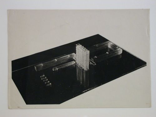 Photograph of a glass model for the Building of Industry, Sverdlovsk, Soviet Union (now Ekaterinburg, Russia)