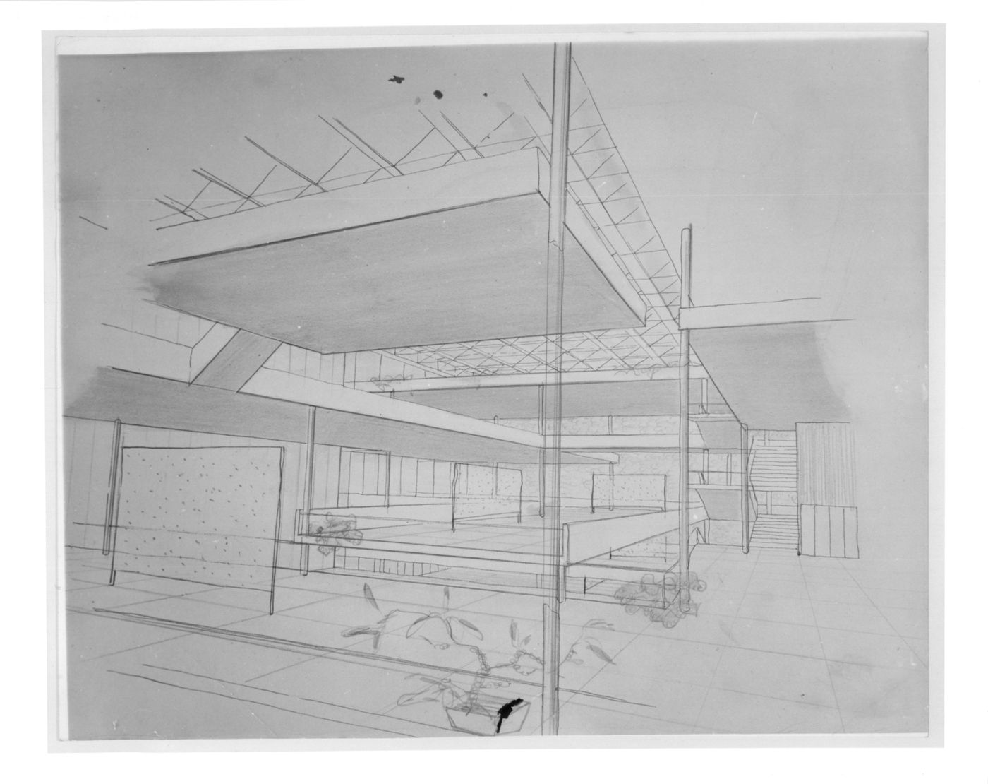 Photographs of perspective drawings of An Arts Cente for Vancouver (Thesis Project)