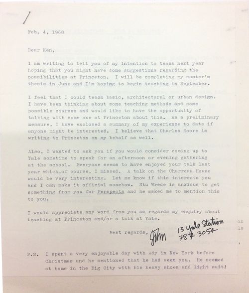 Letter from John D Anderson to Kenneth Frampton about Maison de Verre for Perspecta