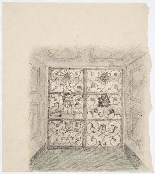 Exterior perspective for the wrought iron gate inside the main entrance of Woodland Chapel, Woodland Cemetery, Stockholm, Sweden