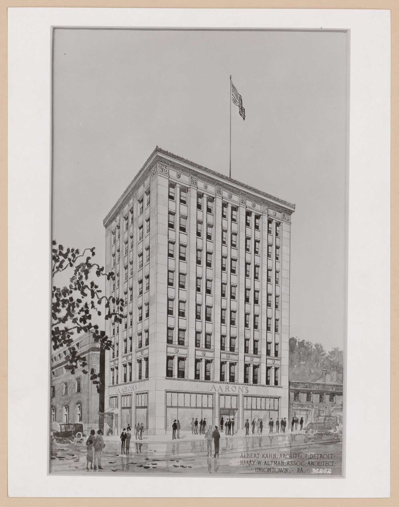 Photograph of a perspective drawing for or of the principal and lateral façades of the Aaron Furniture Company building, Uniontown, Pennsylvania