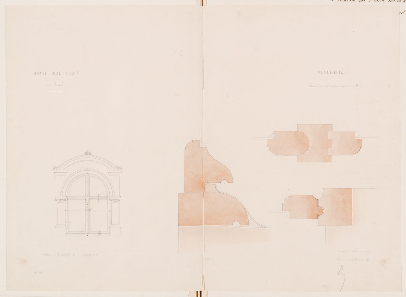 Elevation and joinery details for the dormer windows for the principal façade, Hôtel Soltykoff