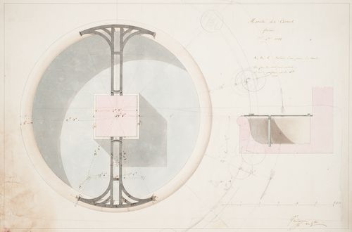 Plan, perspective and sectional elevation [?] for fountain, Marché des Carmes, Paris