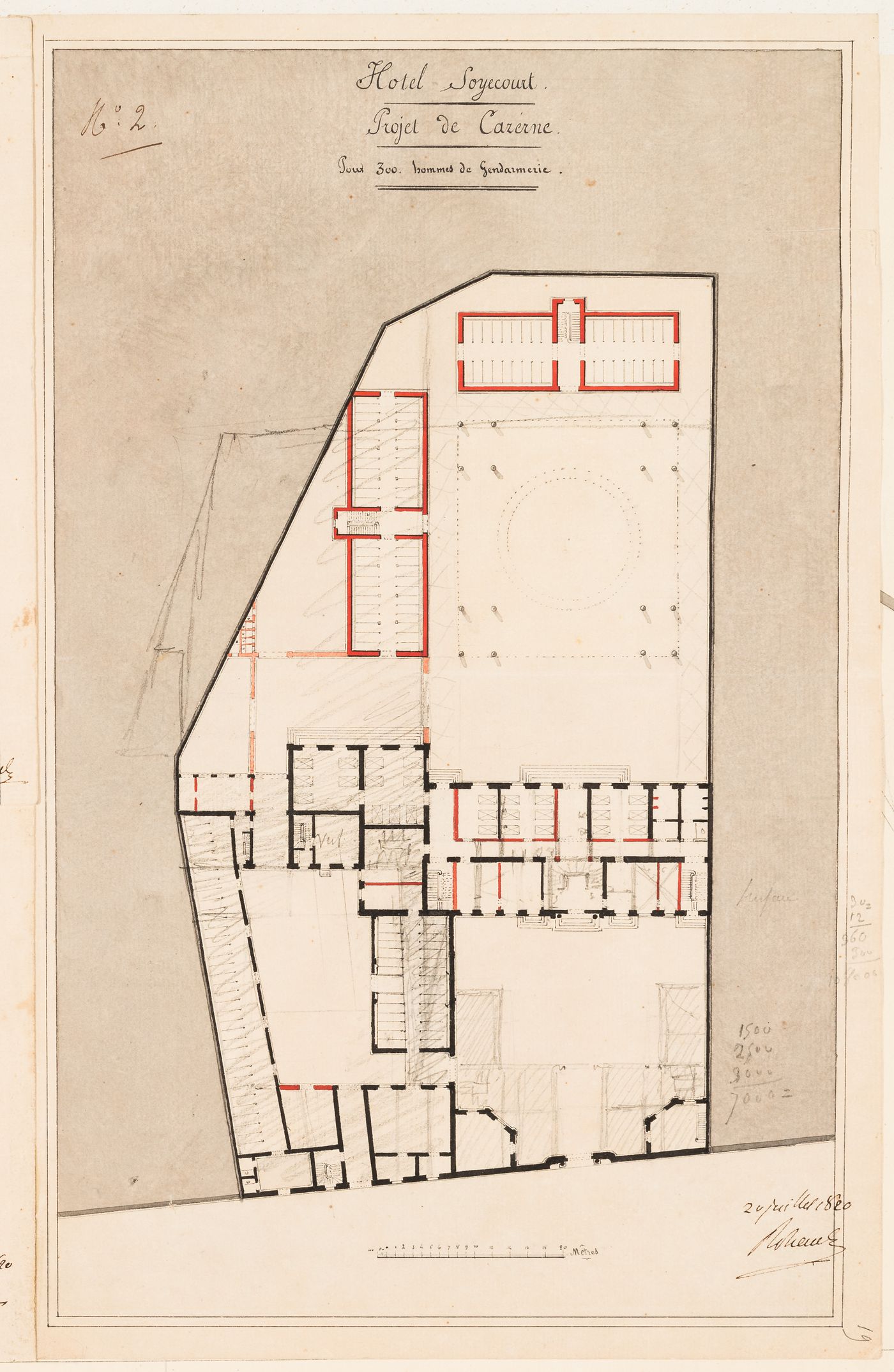 Project for the conversion of Hôtel Soyécourt, Paris, into barracks to house 300 gendarmes: Ground floor plan