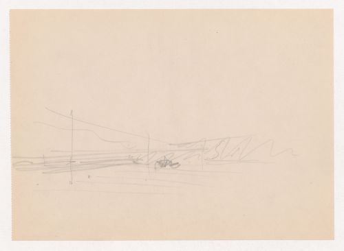 Interior perspective sketch for Museum for a Small City showing an enclosing wall and the surrounding landscape