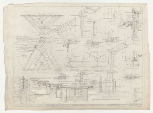 Wayfarers' Chapel, Palos Verdes, California: Elevation, partial plan and details for glass framing for the chapel roof, elevations and details for the chapel side and end bays, and section through chapel rest room wall