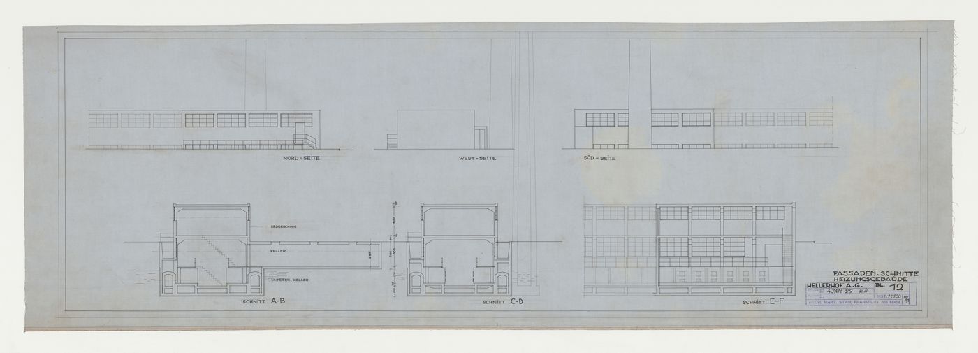 North, west, and south elevations, and sections for the heating systems building, Hellerhof Housing Estate, Frankfurt am Main, Germany