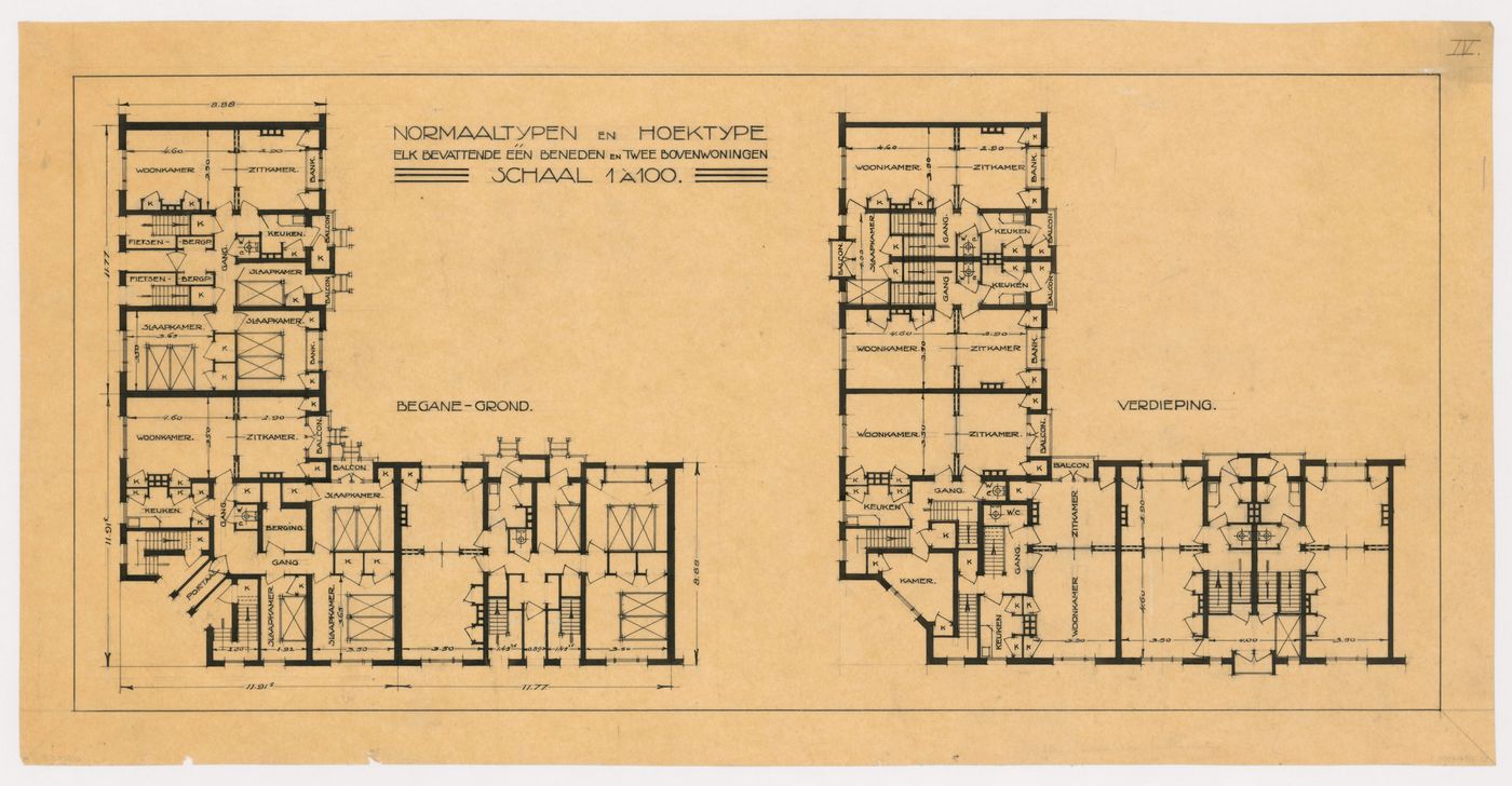 DR1984:0435, Ground and first floor plans, possibly for Block 9, Spangen  Housing Estate, Rotterdam, Netherlands, 1919-1920