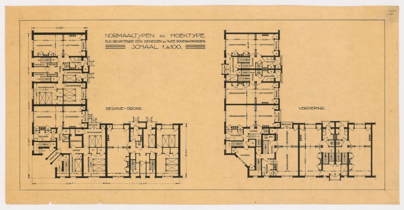 Ground and first floor plans, possibly for Block 9, Spangen Housing Estate, Rotterdam, Netherlands