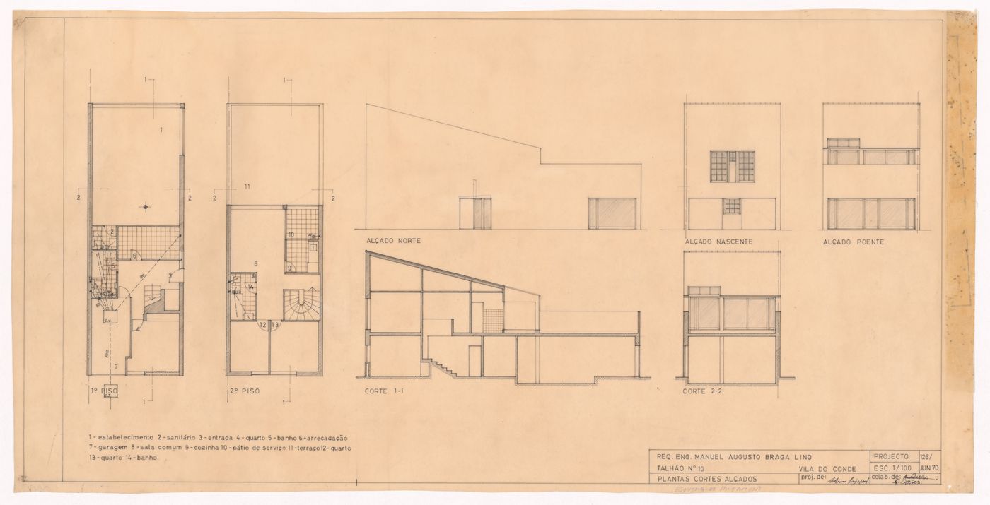 Plans, sections, and elevations for plot ten of Conjunto Habitacional em Caxinas, Vila Cova - Vila do Conde, Portugal