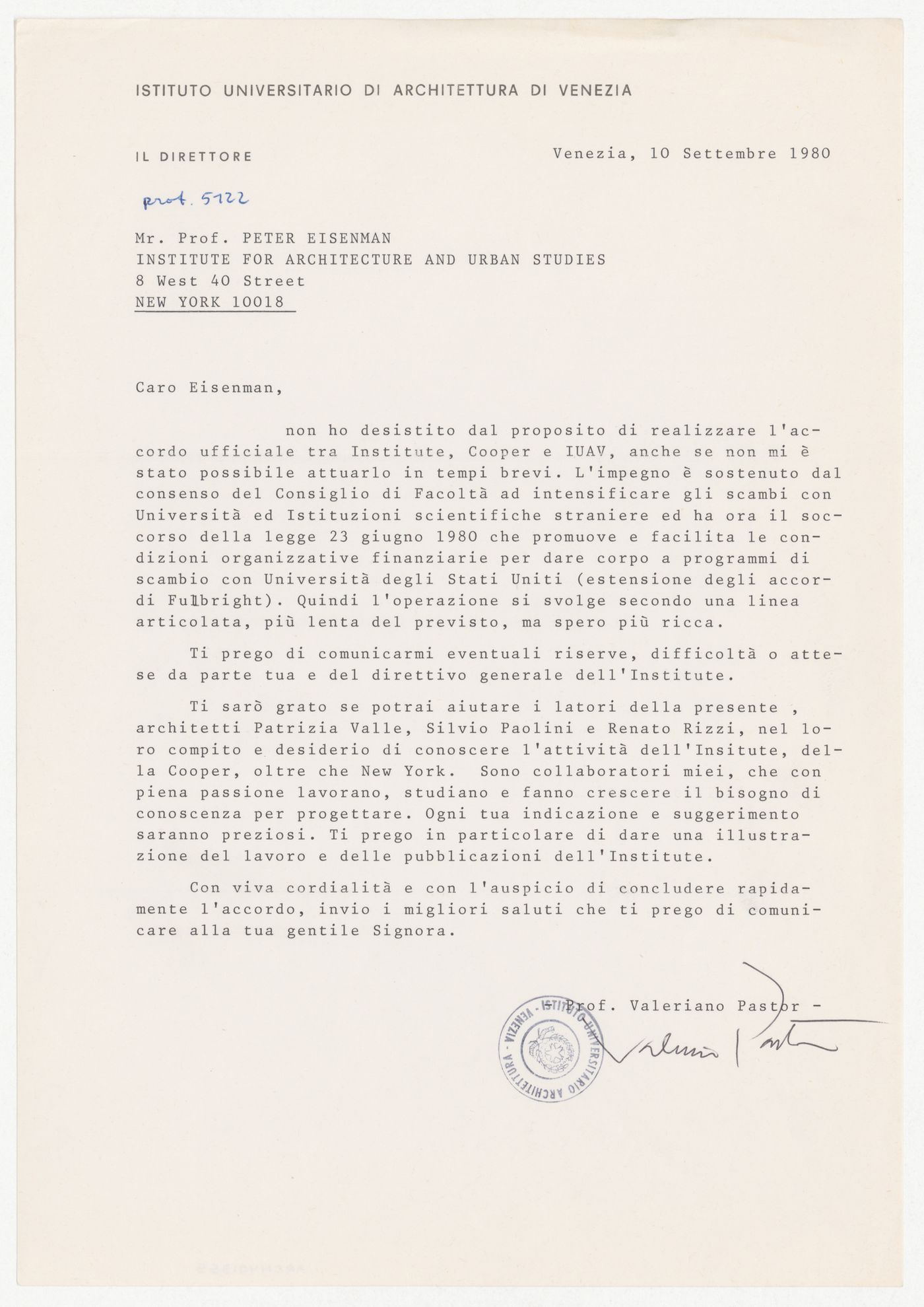 Letter in Italian from Valeriano Pastor to Peter D. Eisenman