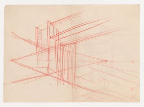 Sketch of a container with a plant; verso: Perspective sketch, possibly for a column to beam connection, and axonometric sketch for an unidentified building