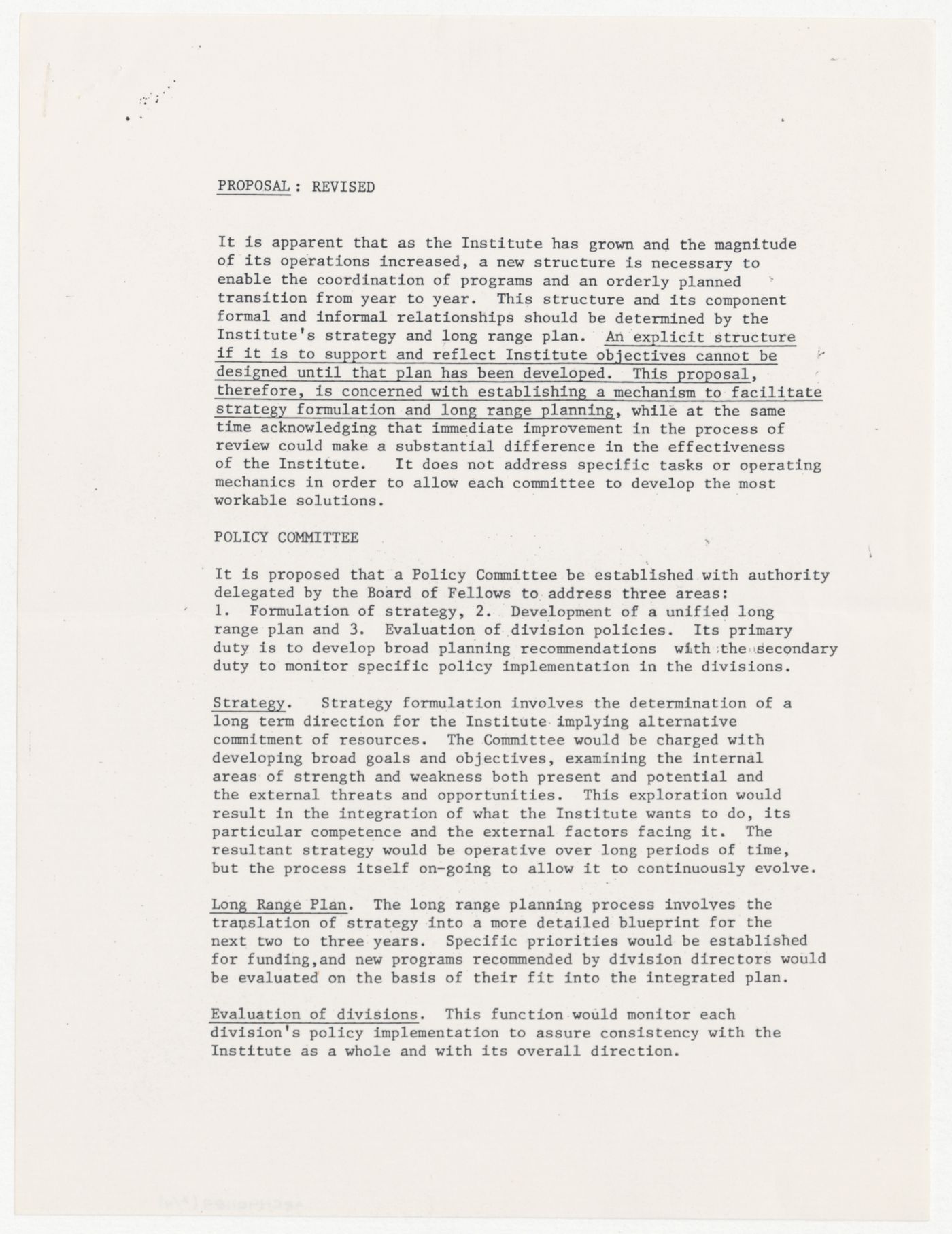 Memorandum from Peter Wolf to the Fellows with attached revised proposal to form a policy committee