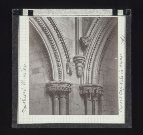 View of capitals and sculptures of heads in choir of Southwell Minster, Southwell, Nottinghamshire, England