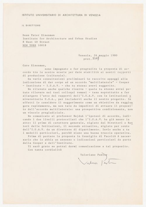 Letter in italian from Valeriano Pastor to Peter D. Eisenman