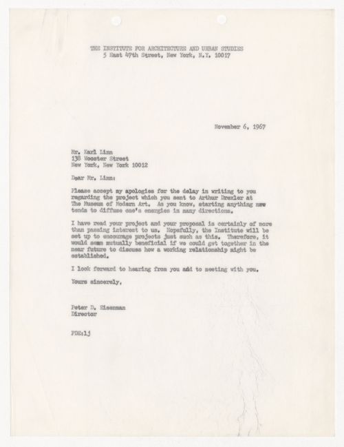 Letter from Peter D. Eisenman to Karl Linn about IAUS support for Linn's project