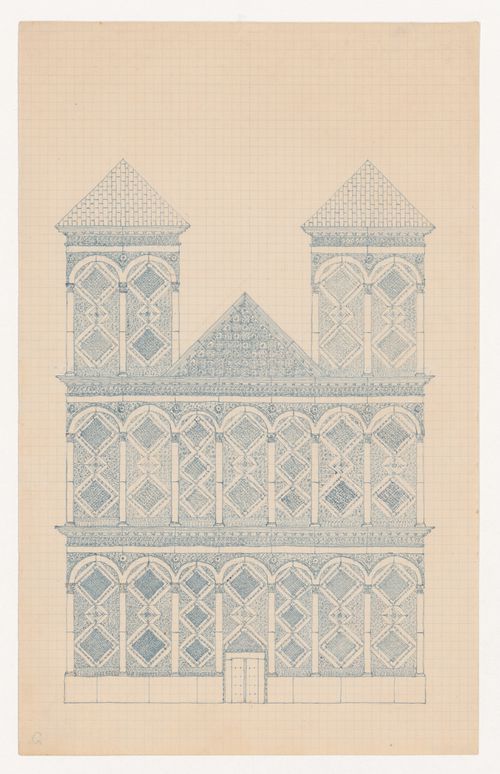 Design for the west façade of a large church in a Romanesque-inspired style