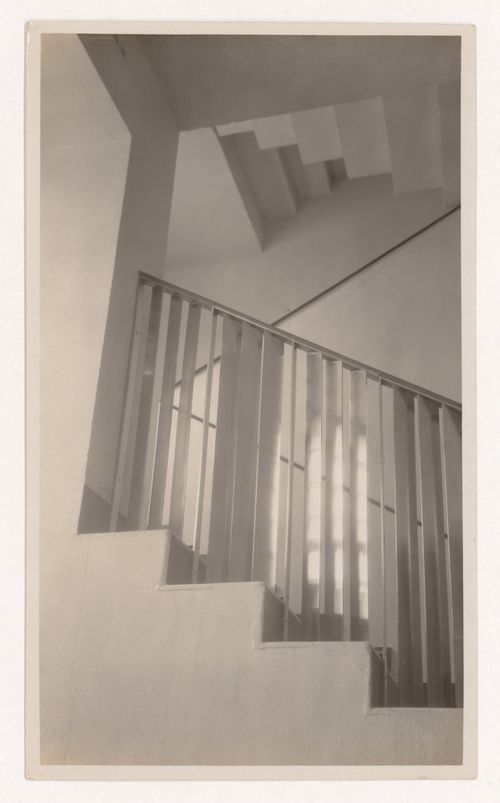Interior view of staircase handrail in the Mallet-Stevens hôtel particulier, Mallet-Stevens road in the 16th arrondissement, Paris, France