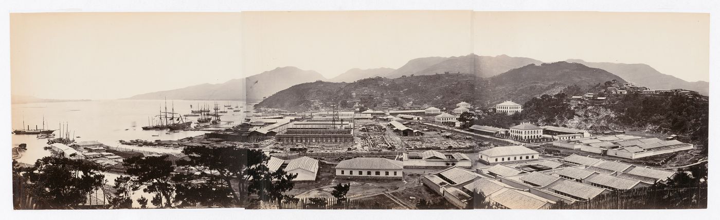 Panorama of the Foochow Arsenal showing the shipyard, harbour, buildings and a building site, Mamoi (now Mawei), near Foochow (now Fuzhou), China