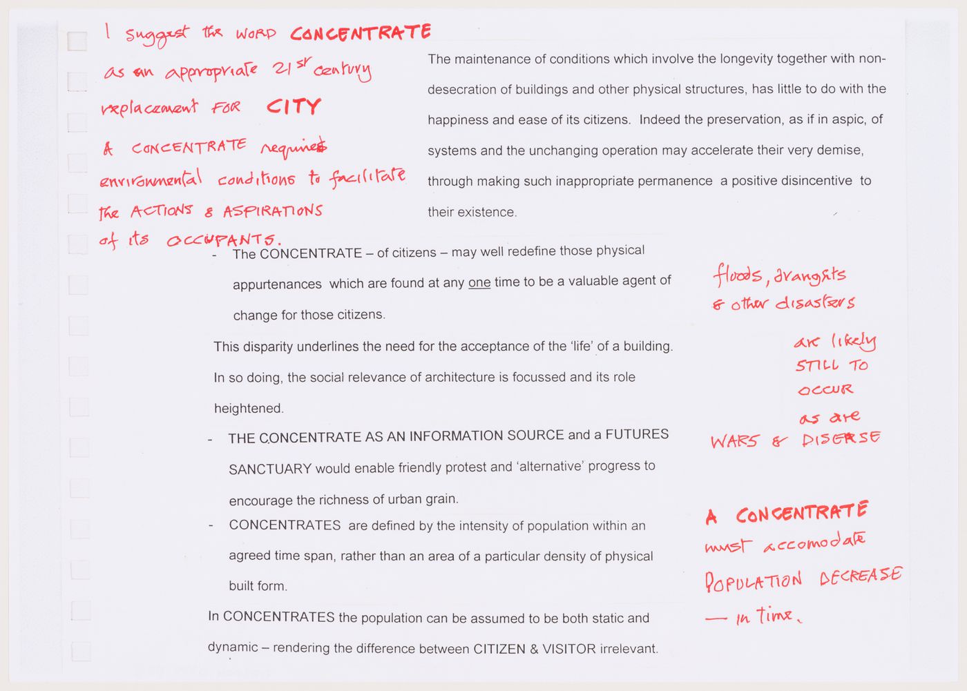 Draft text proposing the term "concentrate" as an alternative to the term "city"--from the project file "Magnet"