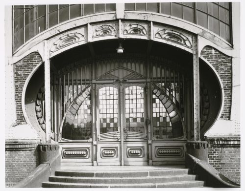 View of the main entrance of the turbine building of Zeche Zollern 2 [Colliery Zollern 2] (now the Westphalian Industrial Museum) showing decorative ironwork, Bövinghausen, Dortmund, Germany