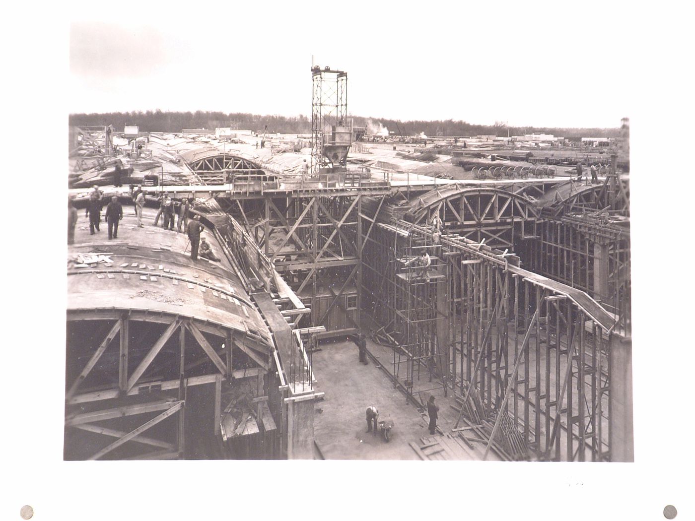 View of a building under construction from above, United Aircraft Corporation Missouri division Assembly Plant, Kansas City, Montana