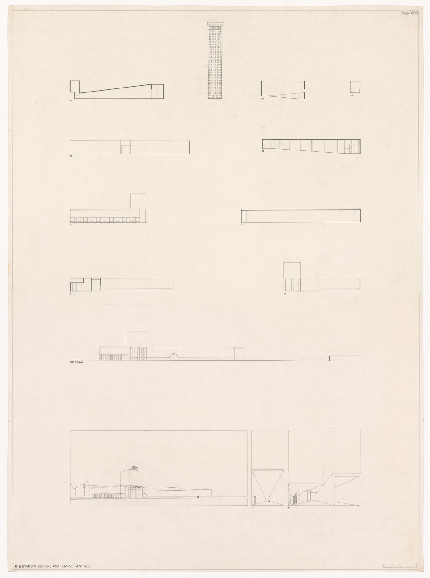 Elevations, sections, and perspectives for Monumento às vítimas da Gestapo [Monument to Gestapo victims], Prinz-Albrecht-Palais, Berlin, Germany