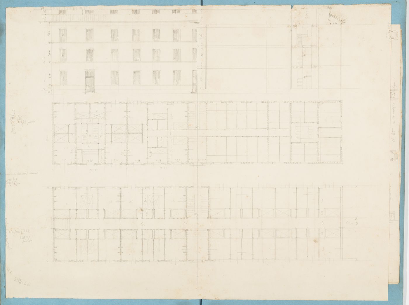 Project for housing for M. Busche: Plans, partial elevation and section for a three-storey apartment house