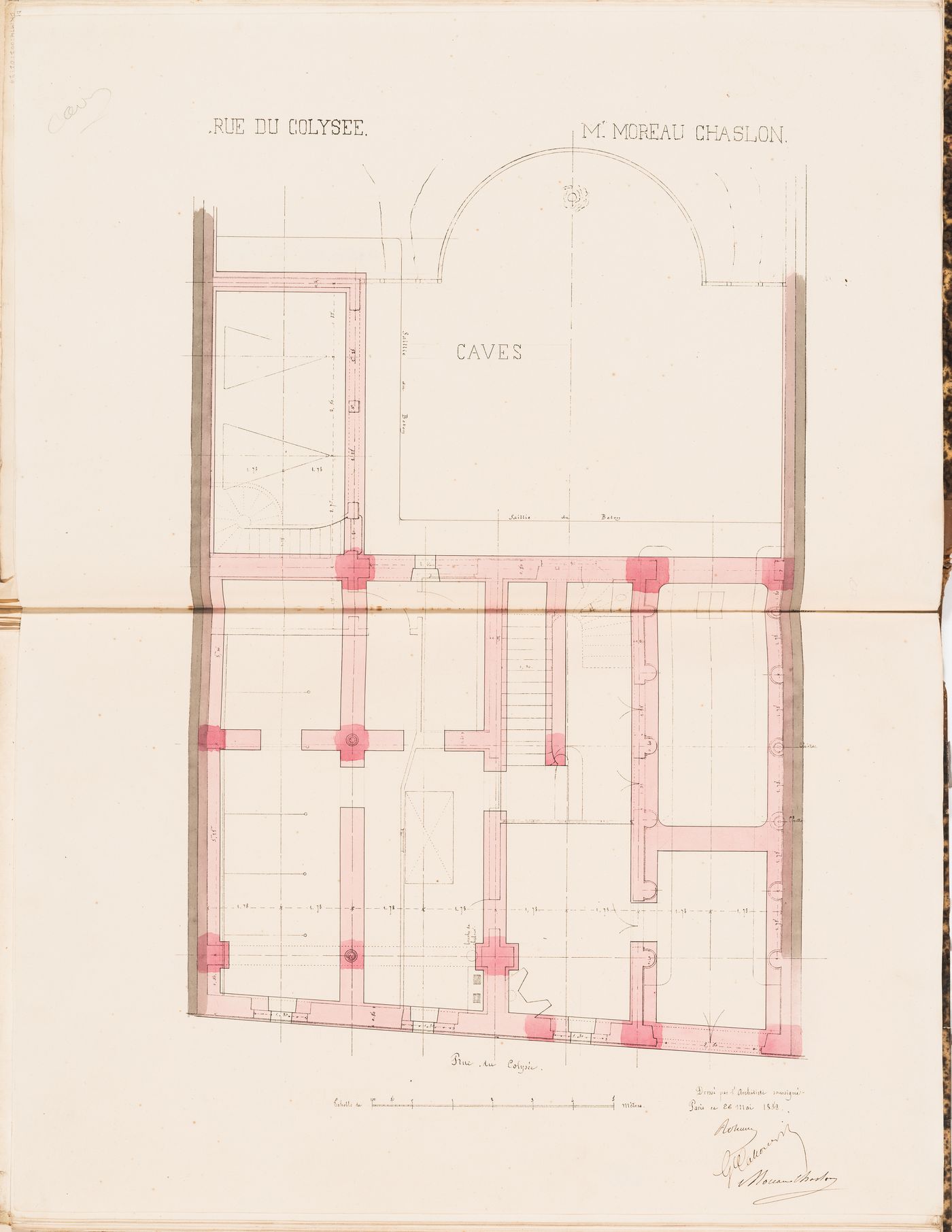 Contract drawing for a house for Monsieur Moreau Chaslon, rue du Colysée, Paris: Plan for the "caves"