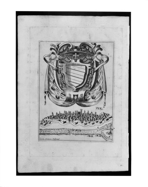 Bird's-eye view of the fortified city of Ferrara, with a cardinal's coat of arms