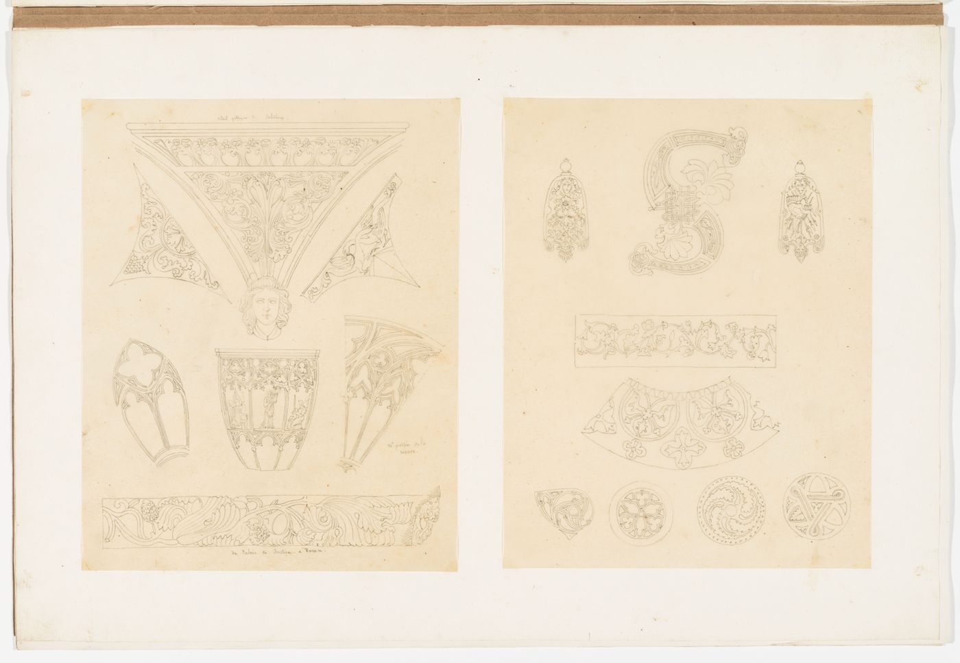 Two drawings of ornament and architectural elements including a spandrel from Salisbury Cathedral, molding from Palais de Justice, Rouen, tracery, roundels, running ornament, and a decorated initial letter