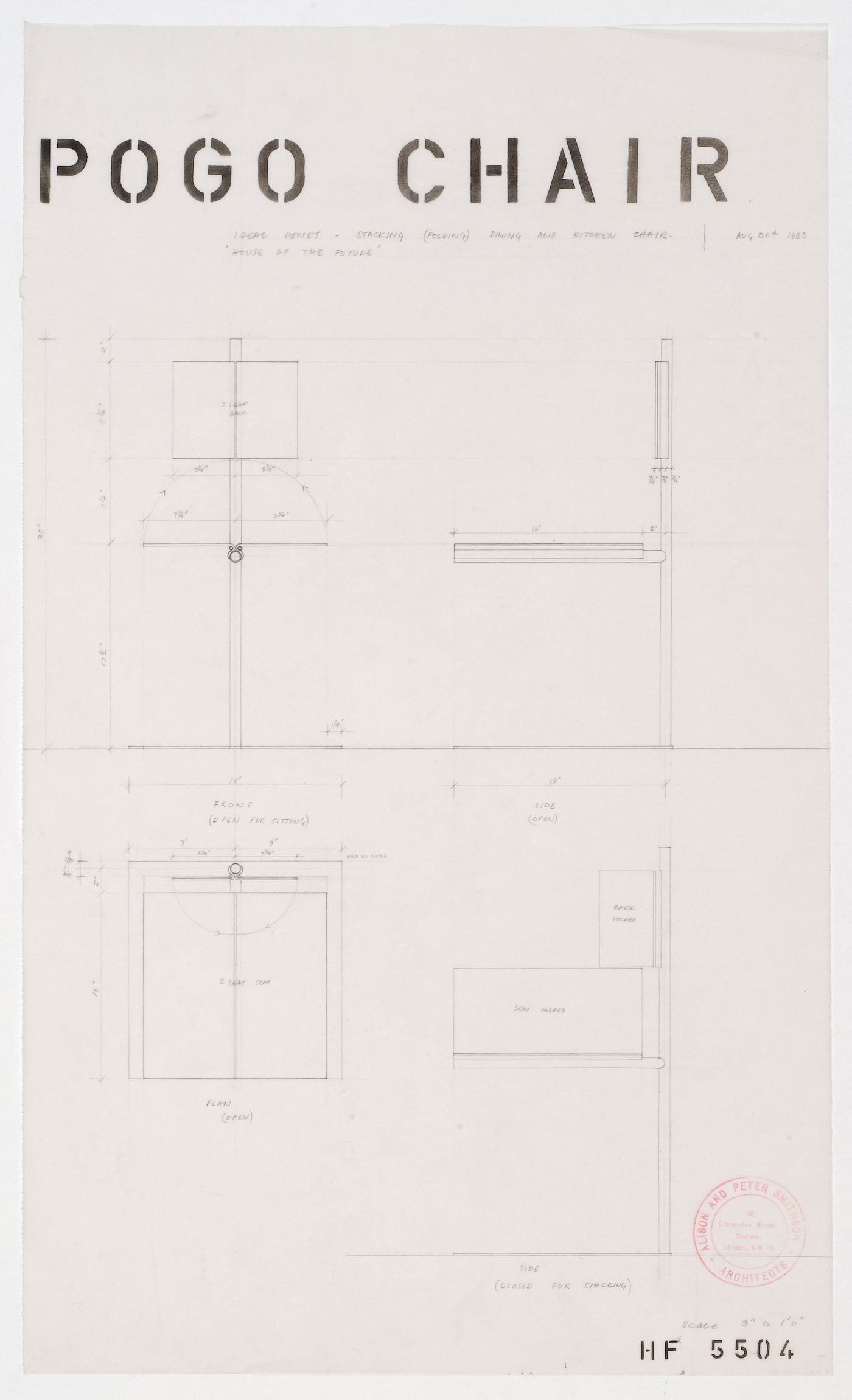 Elevations and a plan for the Pogo Chair, House of the Future, Daily Mail Ideal Homes Exhibition, London, England