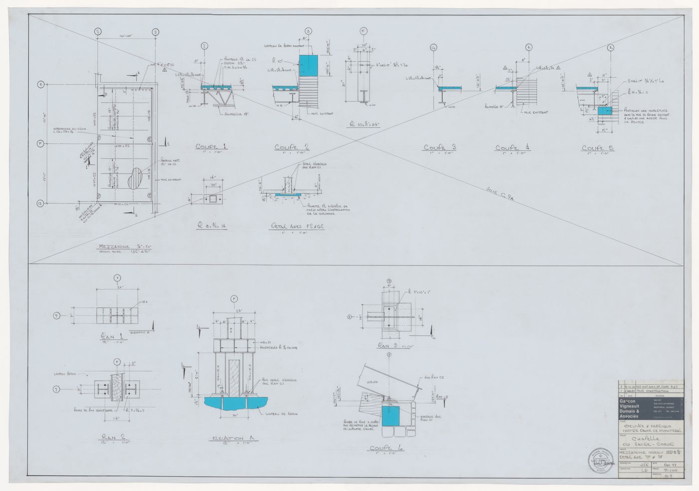 Plans, elevation and sections for mezzanine construction details for the reconstruction of the Chapelle du Sacré-Coeur, Notre-Dame de Montréal